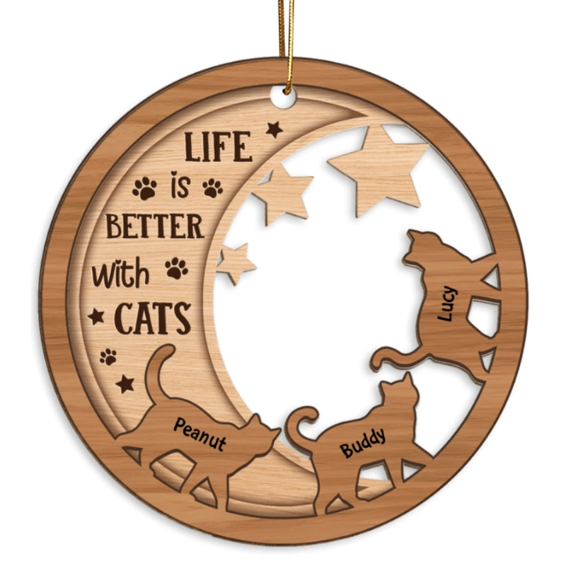 Cats Walking On Moon Personalized Wooden Ornament