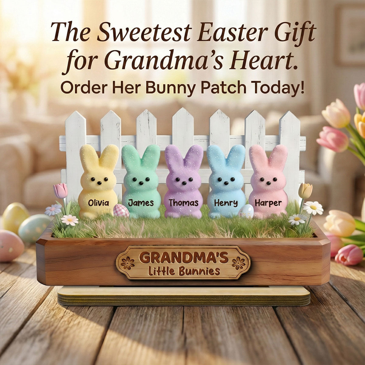 Easter Grandma Little Bunnies - Personalized 2-Layered Wooden Plaque - Easter Gift For Grandma, Easter Decoration