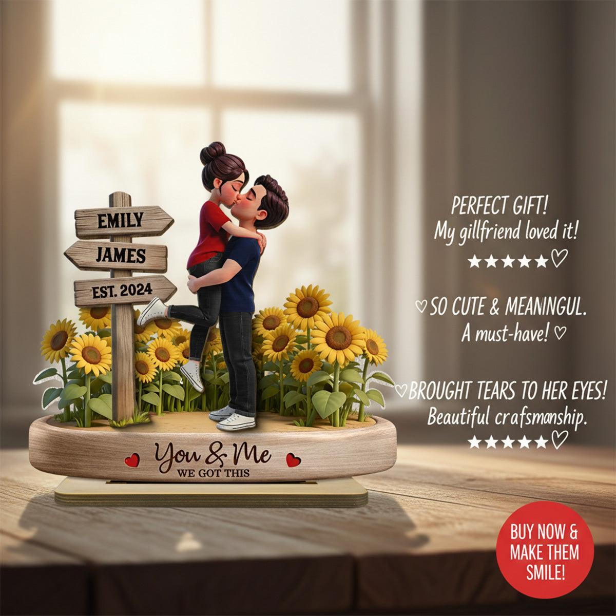 Everlasting Love Couple Hugging Kissing Sunflower Field Sign Posts - Personalized 2-Layered Wooden Plaque - Valentine's Day Gift For Couple
