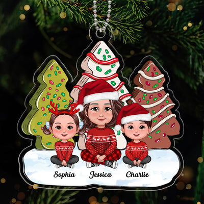 Christmas Tree Cake Pattern Grandma Grandkids Sitting Personalized Acrylic Ornament