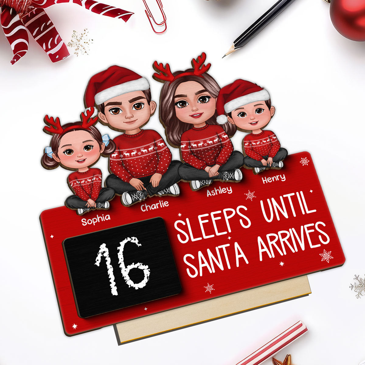 Sleeps Until Santa Arrives Family Christmas Decor Personalized 2-Layer Standing Wooden Plaque