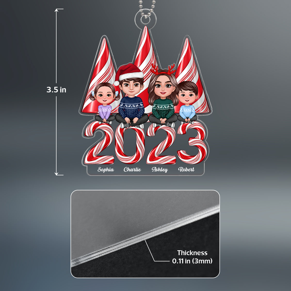 Family Crossed Legs Sitting Candy Cane Stripes Christmas Tree 2023 Personalized Acrylic Ornament