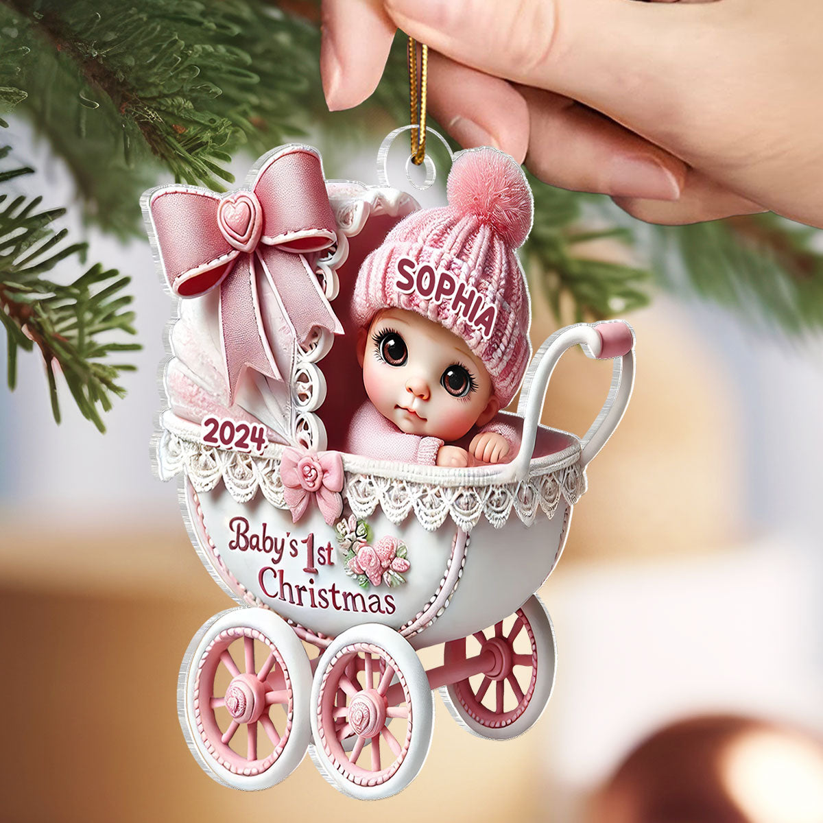 3D Effect Newborn Baby In Carriage Christmas Personalized Flat Acrylic Ornament, Christmas Gift For Newborns, New Parents