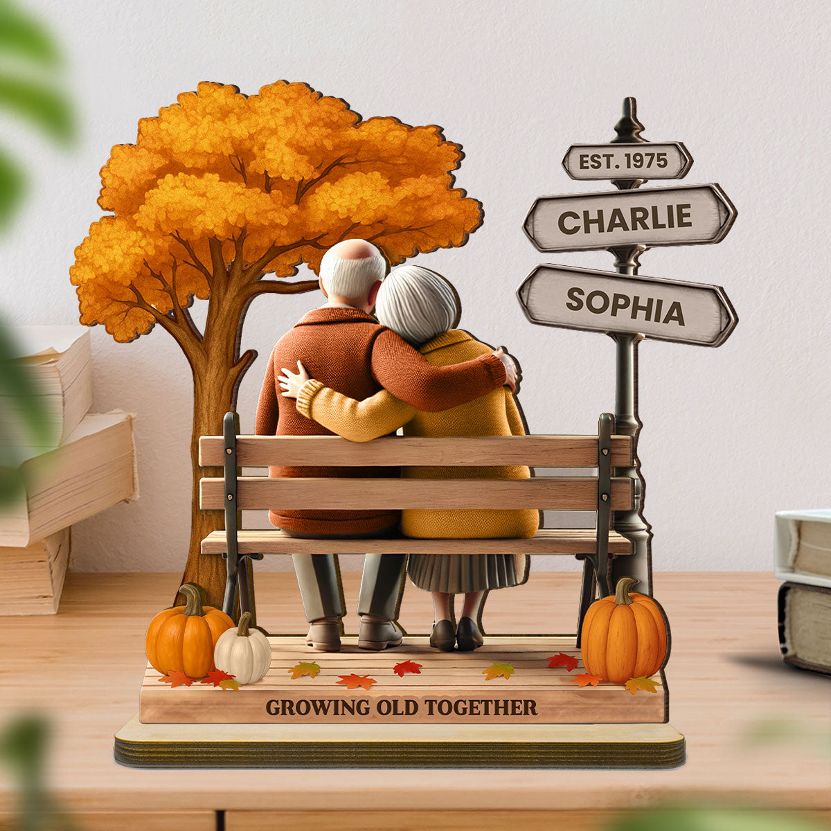 Custom Old Couple Fall Season Park, Romantic Personalized Standing Wooden Plaque