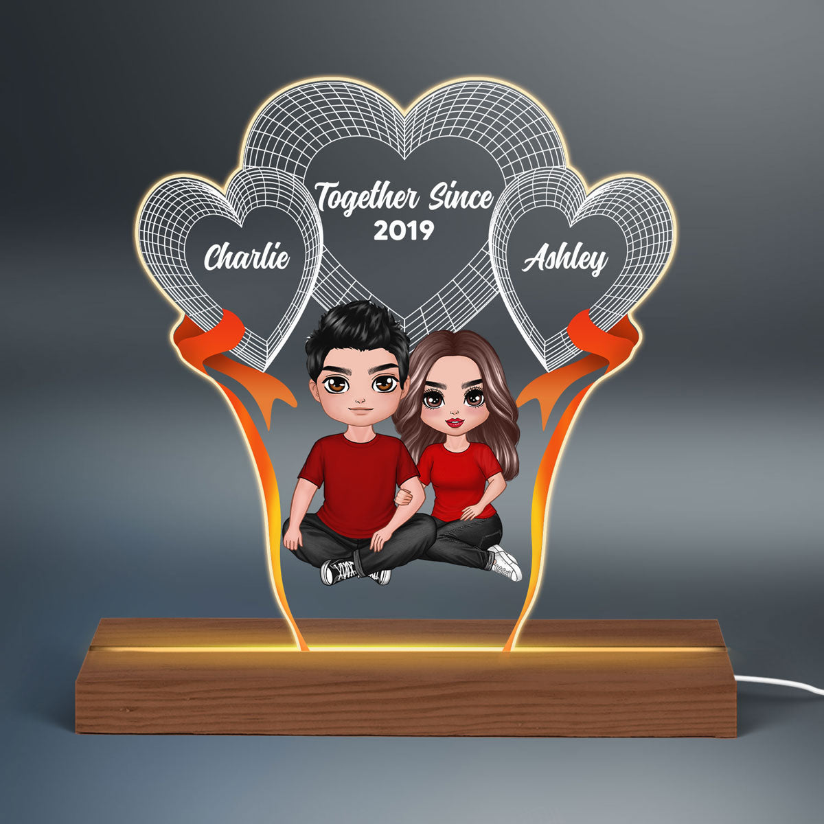 Embracing Doll Couple Hearts Together Personalized Custom Shape LED Night Light - Gift For Him Gift For Her