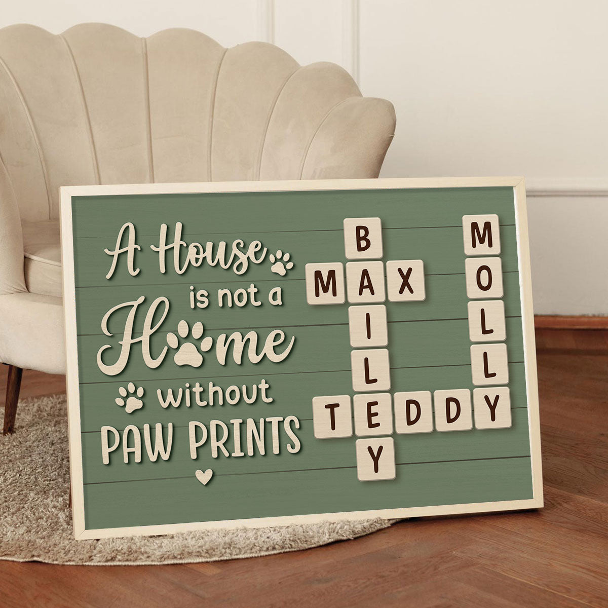 Home With Paw Prints Green Themed Crossword Puzzle Art Personalized Poster, Home Decor Gift For Pet Lover