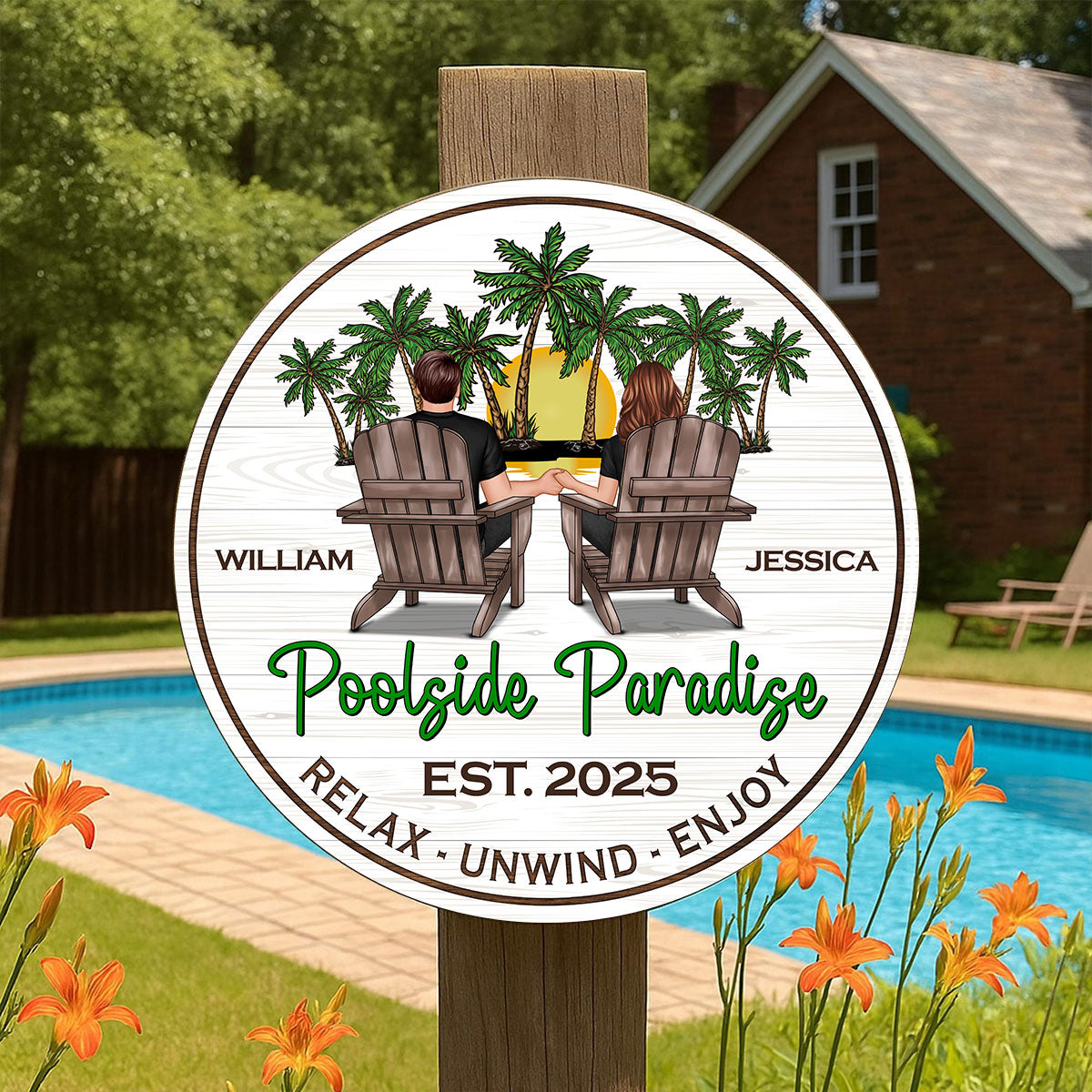 Summer Couple Retro Vintage Poolside Paradise Personalized Wood Sign