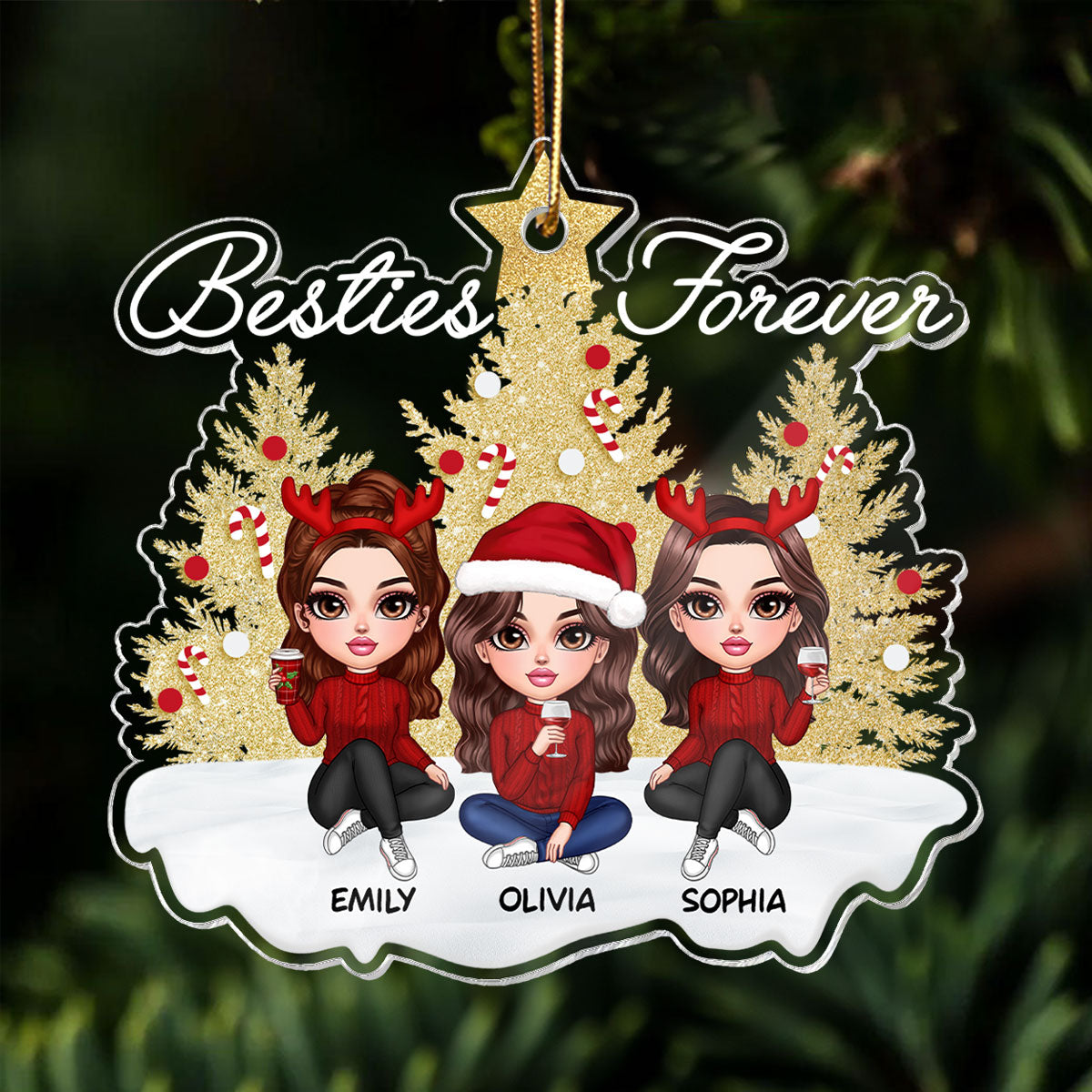 Sparkling Christmas Tree Besties Forever Personalized Acrylic Ornament, Christmas Gift For Best Friends