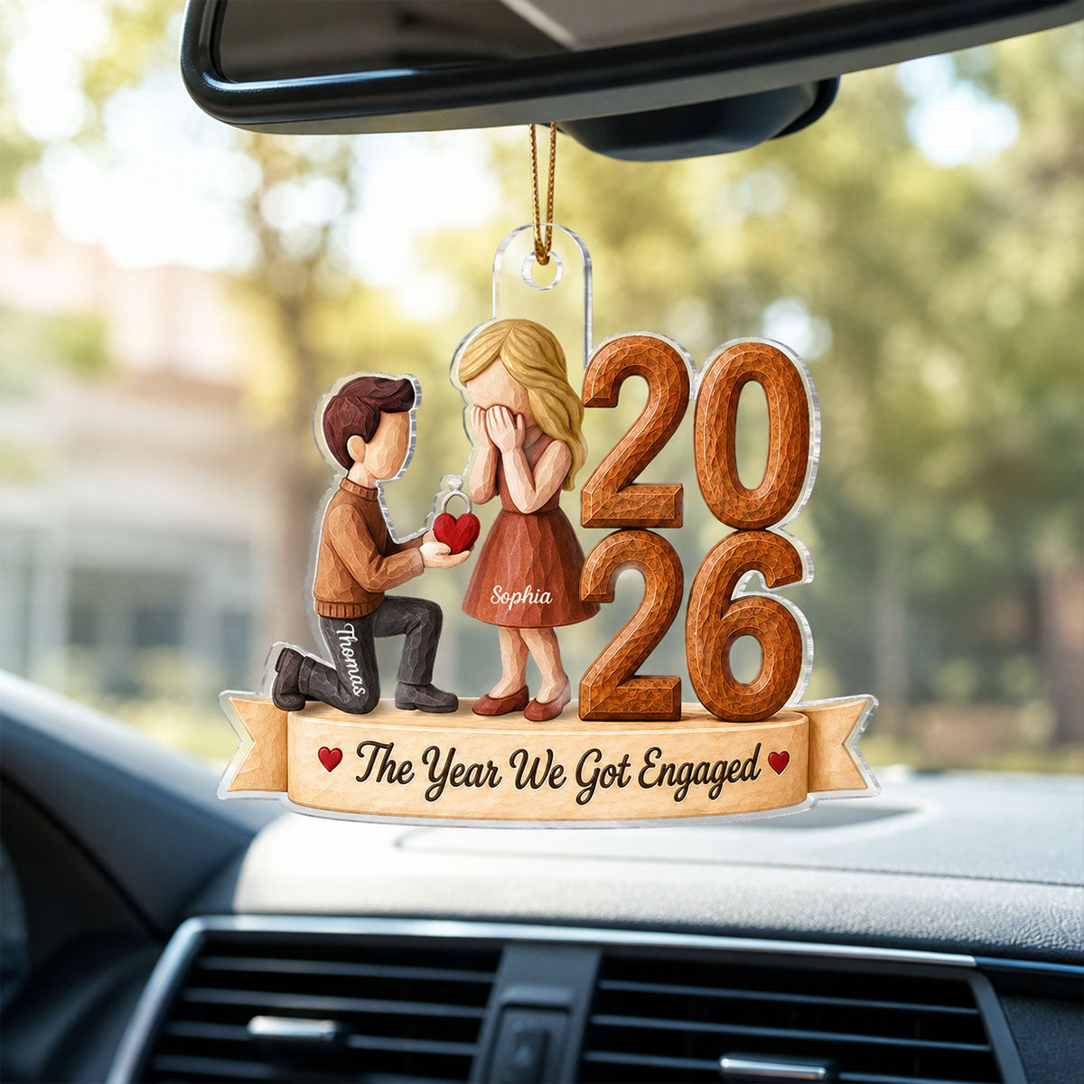 The Year We Got Engaged 2026 Proposal Couple 2D Wooden Effect – Personalized Acrylic Ornament – Engagement Keepsake