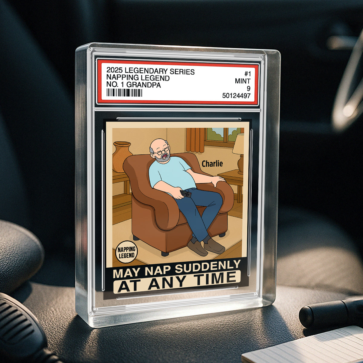 Grandpa Napping King Funny Trading Card Style Personalized Acrylic Block Plaque