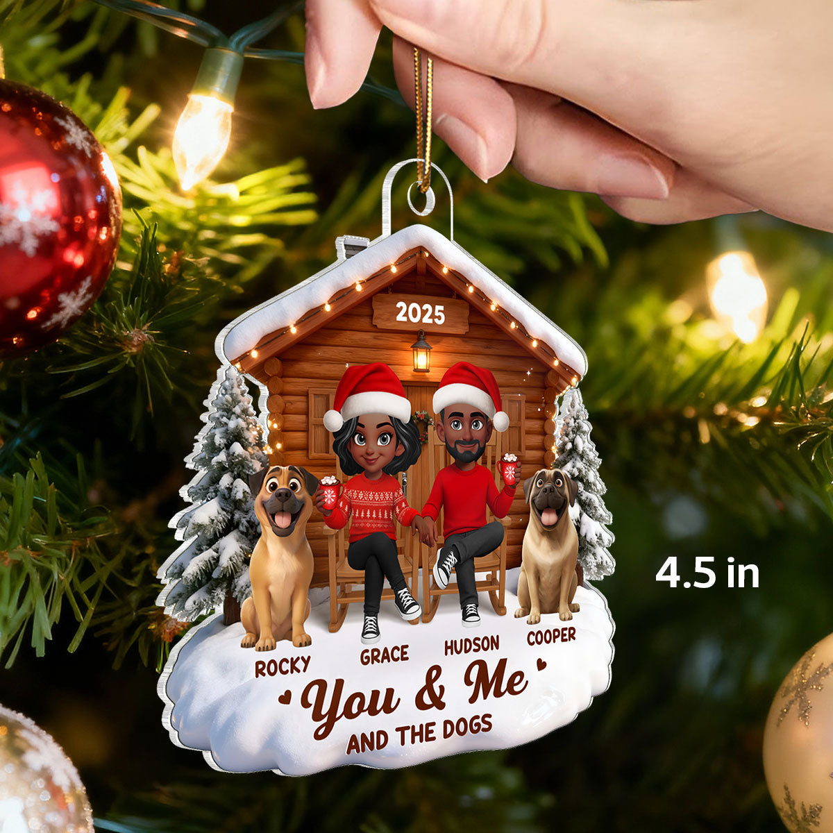 3D Effect Christmas Couple And Dog Cat Wooden Cabin - Personalized Acrylic Ornament - Heartfelt Gift For Couple