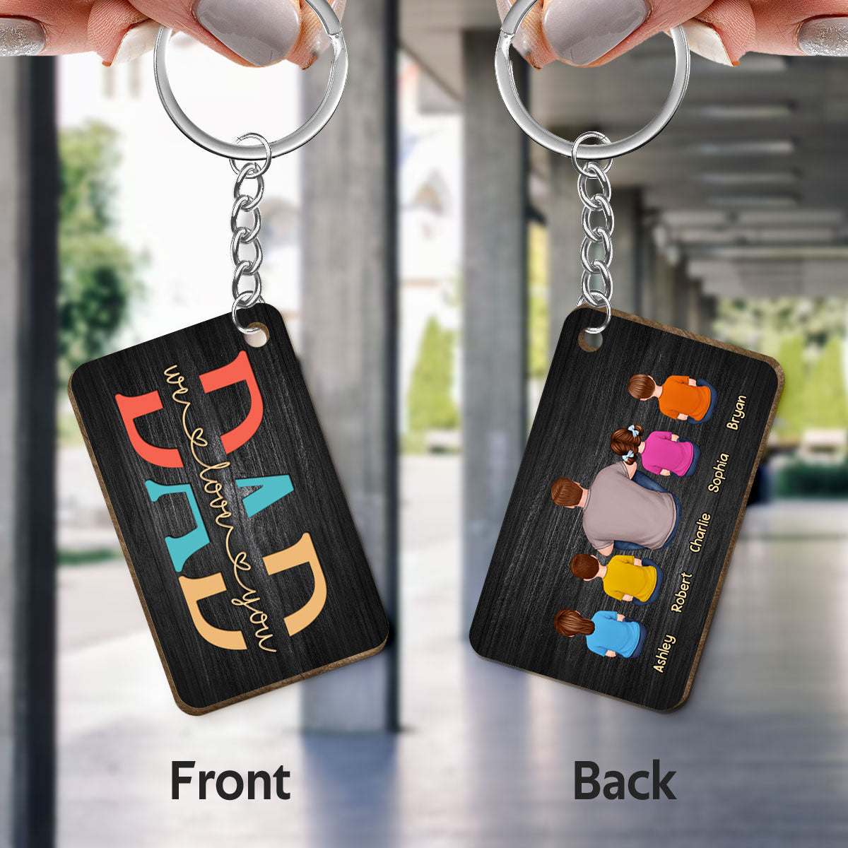 Dad Kids Dogs Cats Retro And Black Background Personalized Wooden Keychain