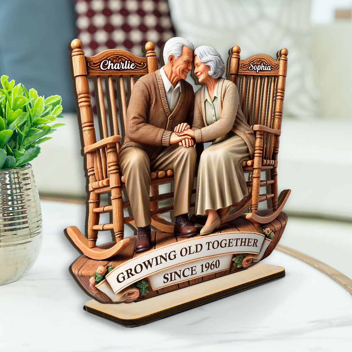 3D Effect Old Couple Sitting On Rocking Chairs Together - Personalized Wooden Plaque - Heartfelt Gift For For Her, For Wife