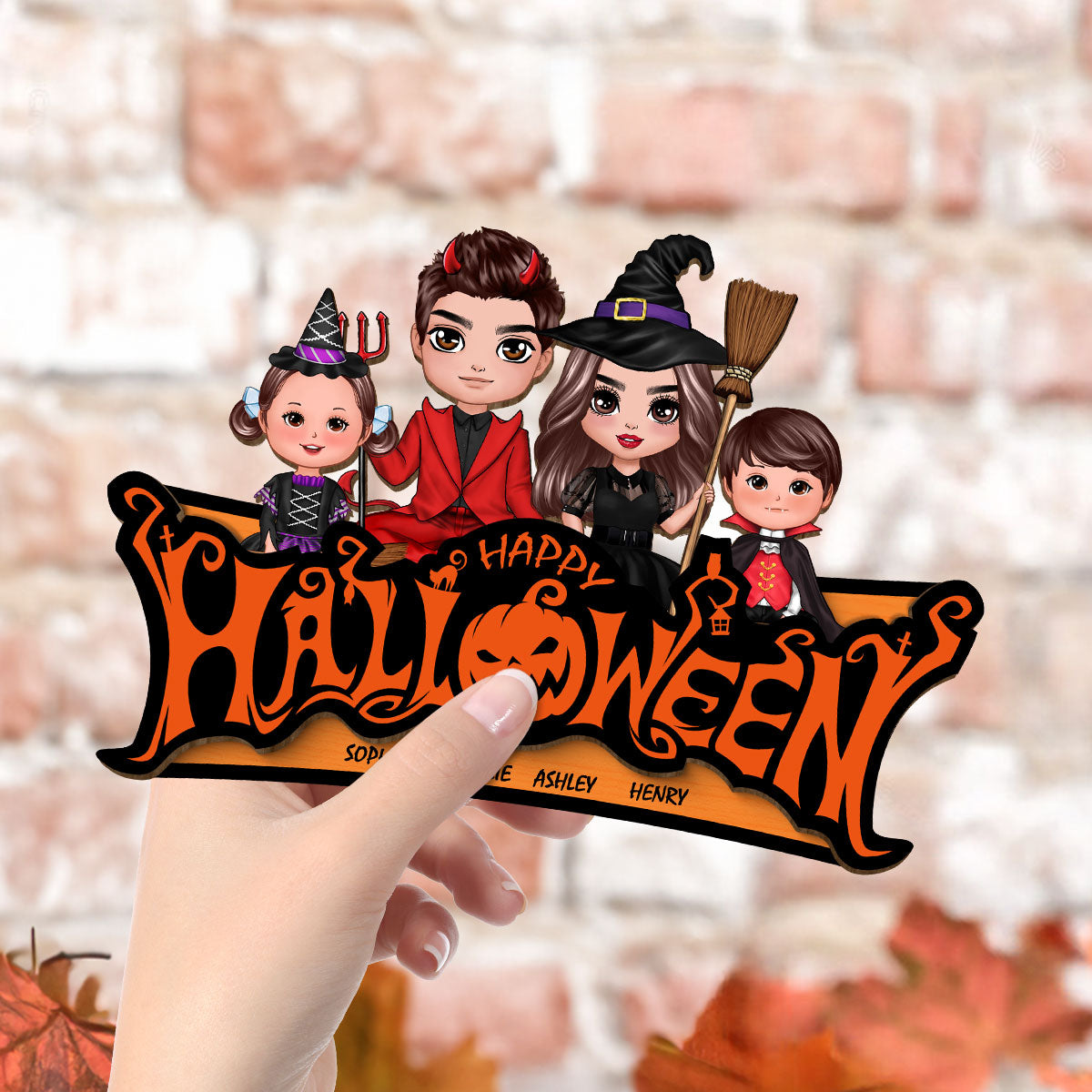 Happy Halloween Jack O Lantern Spooky, Family Sitting - Personalized 2-Layered Wooden Plaque