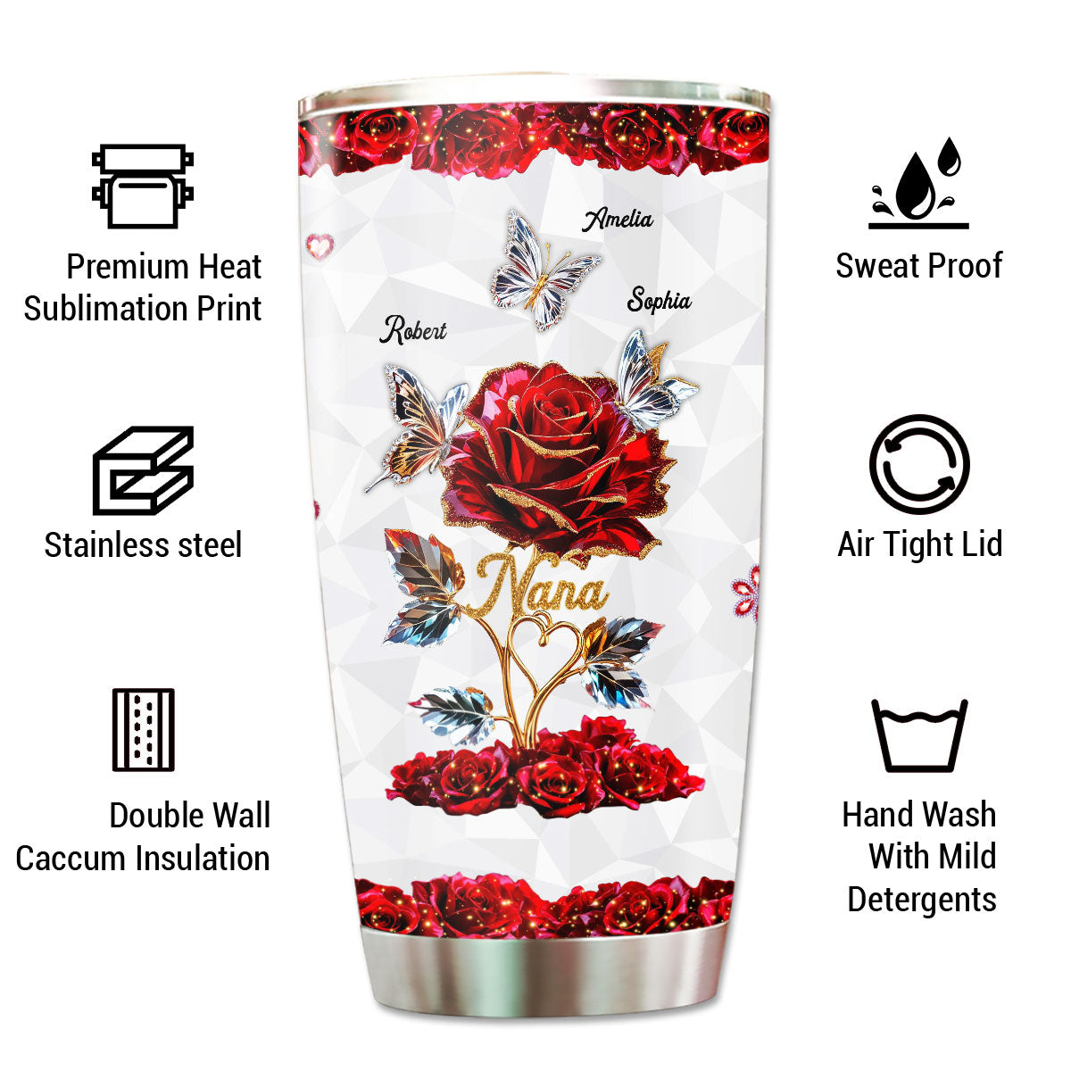 Beautiful Rose & Butterflies Gift For Grandma Mom 3D Effect Personalized Tumbler