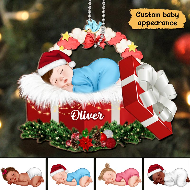 Baby Sleeping In Christmas Gift Box Personalized Wooden Ornament