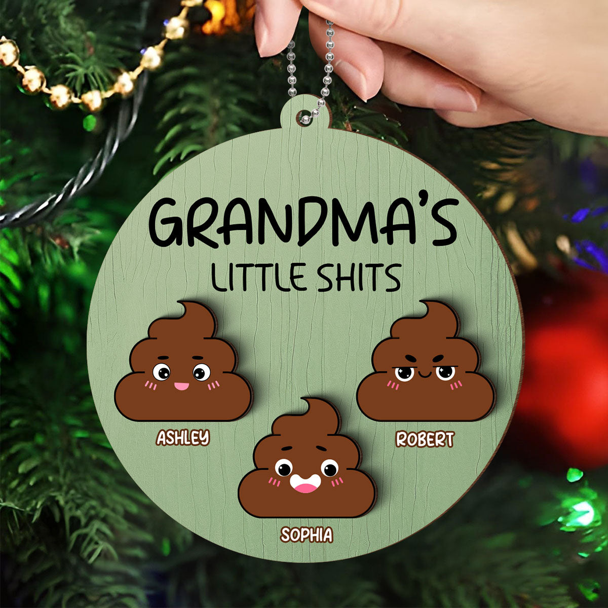 Grandma's Little Shit Personalized 2-Layer Wooden Ornament, Christmas Gift For Granddaughter Grandson Grandkids