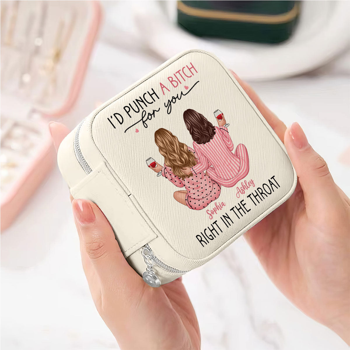 I'd Punch A Bitch For You Back View Pink Pajamas Besties Personalized Jewelry Box, Funny Gift For Best Friends, BFF