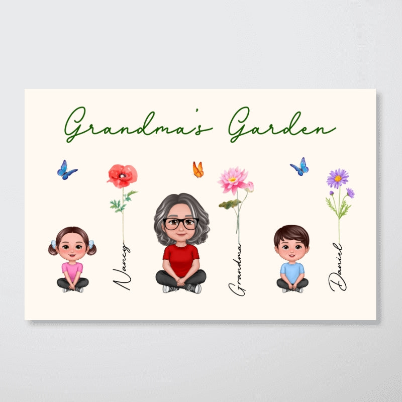 Grandma Grandkids Sitting Crossed Legs Garden Watercolor Birth Month Flowers Mother‘s Day Gift Personalized Horizontal Poster