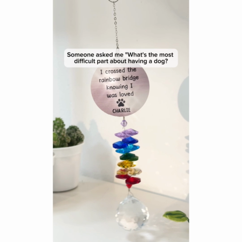 Pet Dog Cat Memorial Crossed The Rainbow Bridge Personalized Crystal Suncatcher With Aluminum Charm