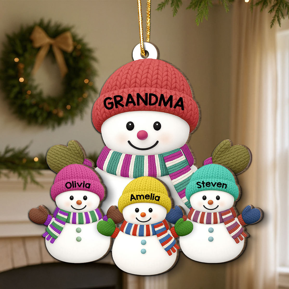 Christmas Grandma Grandkids Snowman Together Christmas - Personalized 2-Layer Wooden Ornament