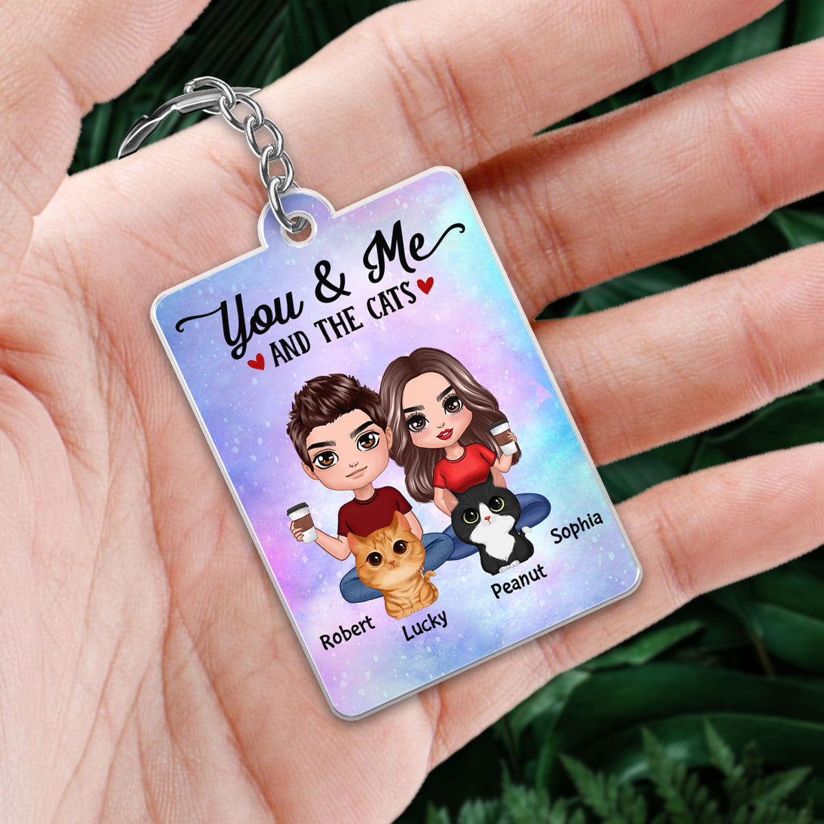 Doll Couple Sitting With Cute Watercolor Cats Favorite Song QR Code Personalized Acrylic Keychain