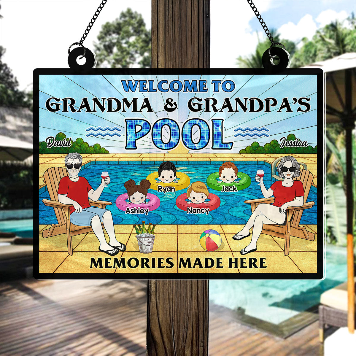 Summer Welcome To Grandpa Grandma Grandparents Pool Personalized Acrylic Suncatcher