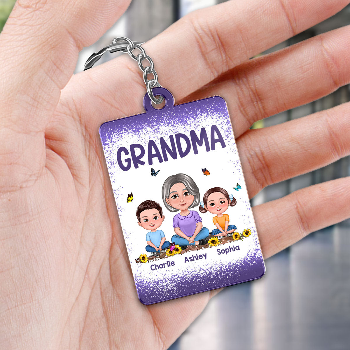 Purple Grandma Mom Kids Butterflies Personalized Acrylic Keychain