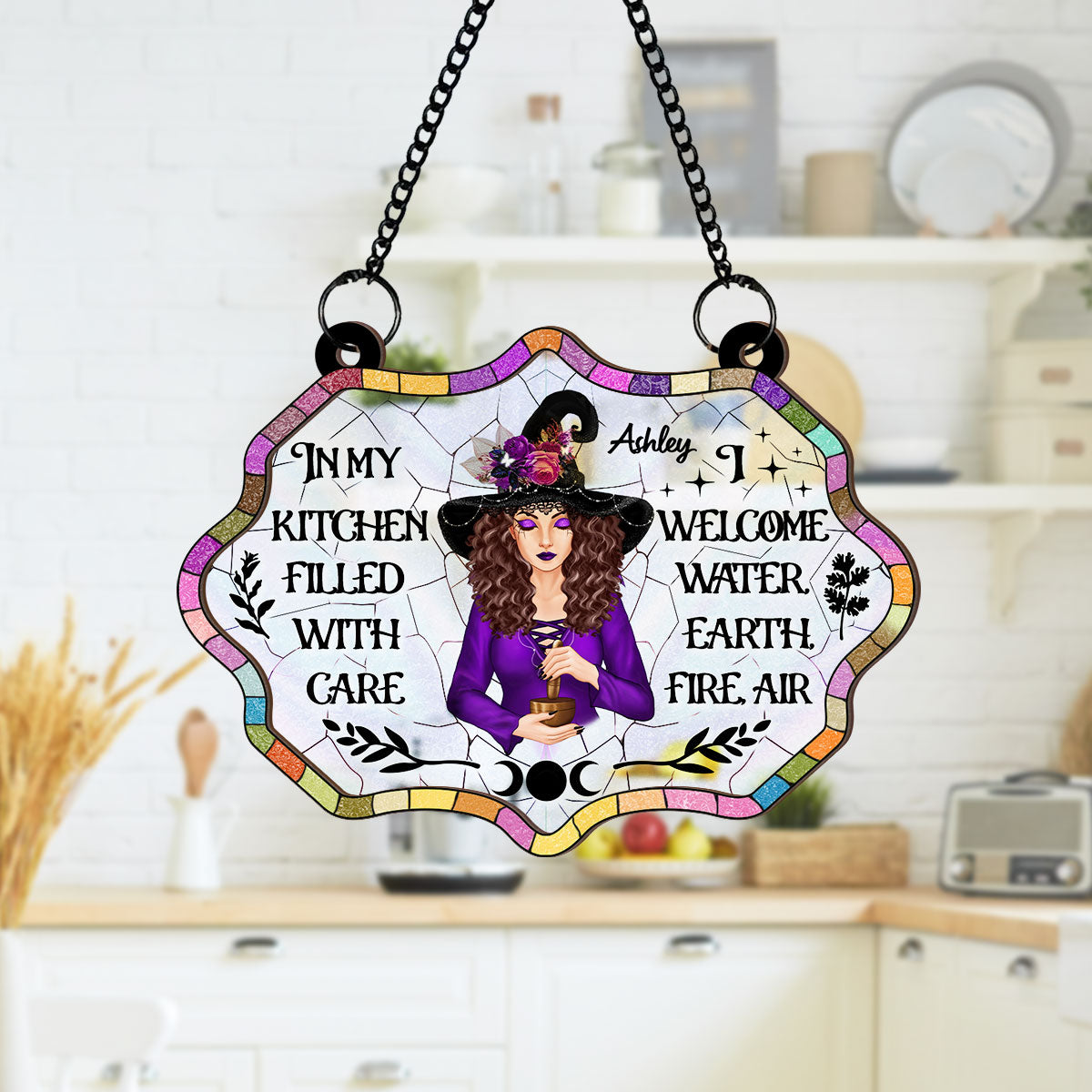 In My Kitchen Filled With Care Personalized Window Hanging Suncatcher Ornament, Halloween Decor