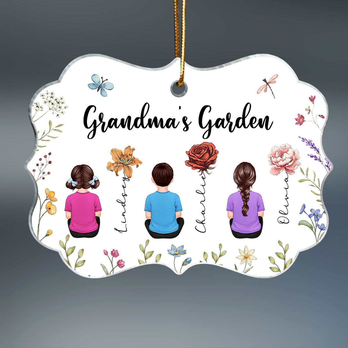 Grandkids Sitting Grandma Garden Vintage Birth Month Flowers Personalized Acrylic Ornament, Christmas Gift For Grandma