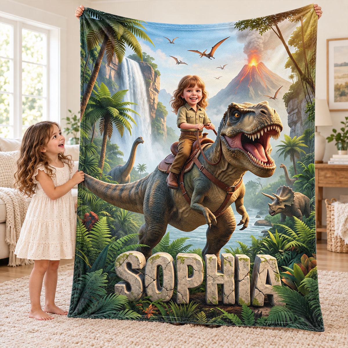 Kid Riding Dinosaur Custom Portrait from Photo - Personalized Fleece Blanket - Christmas Gift for Son, Daughter, Grandkids