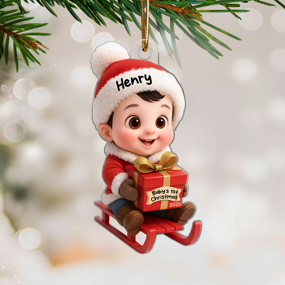 Baby Festive Cheer on a Sled Personalized Acrylic Christmas Ornament, 2025 Keepsake for Newborn