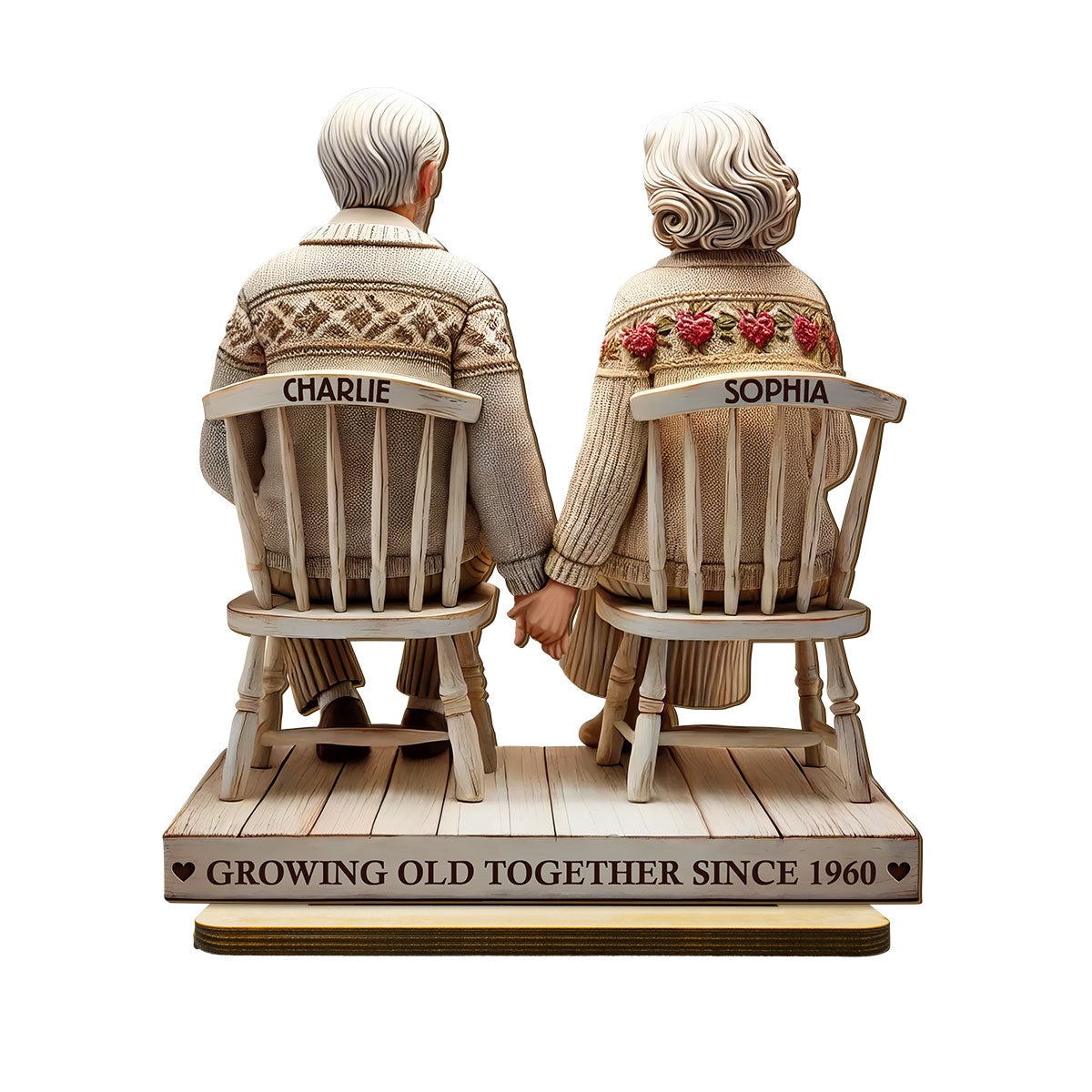 3D Effect Old Couple Holding Hands Sitting Together Personalized Standing Wooden Plaque, Heartfelt Anniversary Gift,  Gift For Couple, For Him, For Her, Husband, Wife