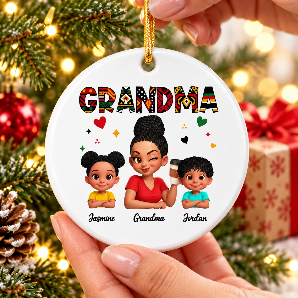 Tribal Pattern Grandma Grandkids Love - Personalized Circle Ornament - Gift For Grandma