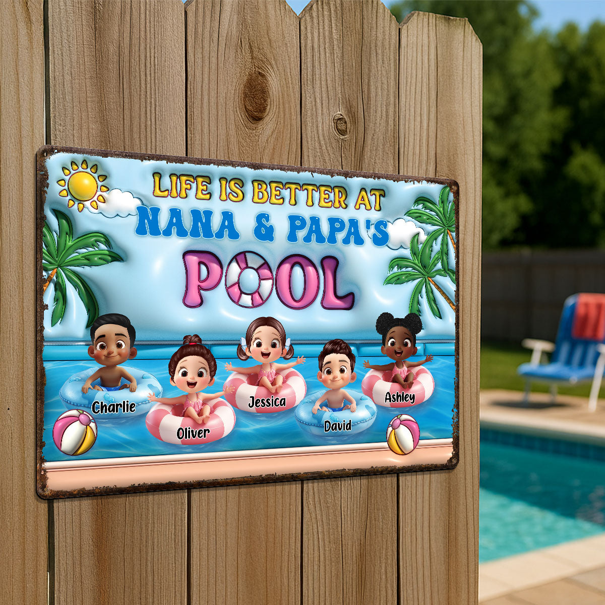 Life Is Better At Grandpa Grandma Pool 3D Inflated Effect Personalized Metal Sign, Grandchildren Welcome Sign