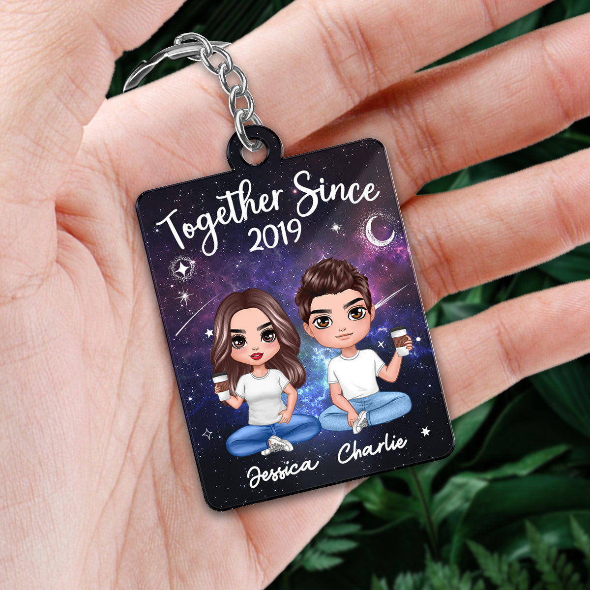 Doll Couple Sitting Galaxy Night Favorite Song Scannable QR Code Personalized Acrylic Keychain