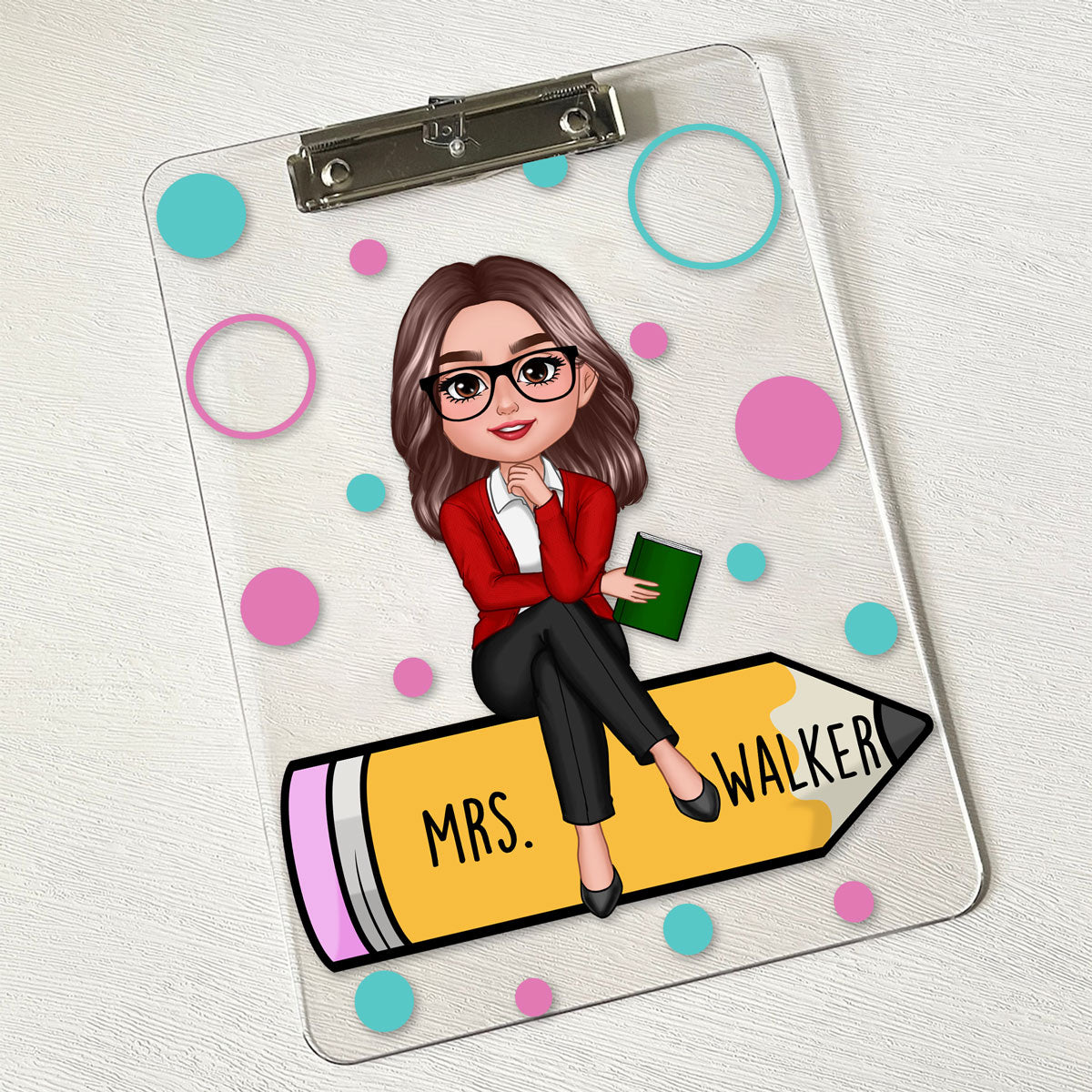 Teacher Sitting On Pencil Appreciation Gift Personalized Clipboard