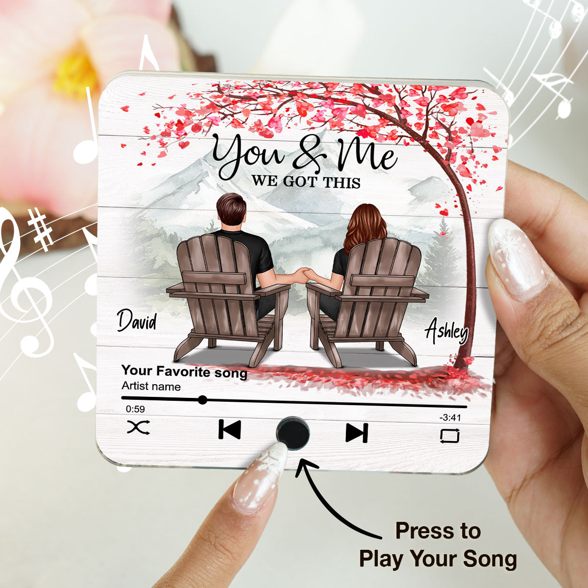 Romantic Mountain Landscape with Blossom Tree Couple Sitting Back View Personalized Music Magnet