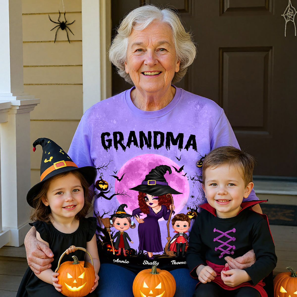 Pretty Grandma Witch & Kids Moon Bat Tree - Personalized 3D Shirt