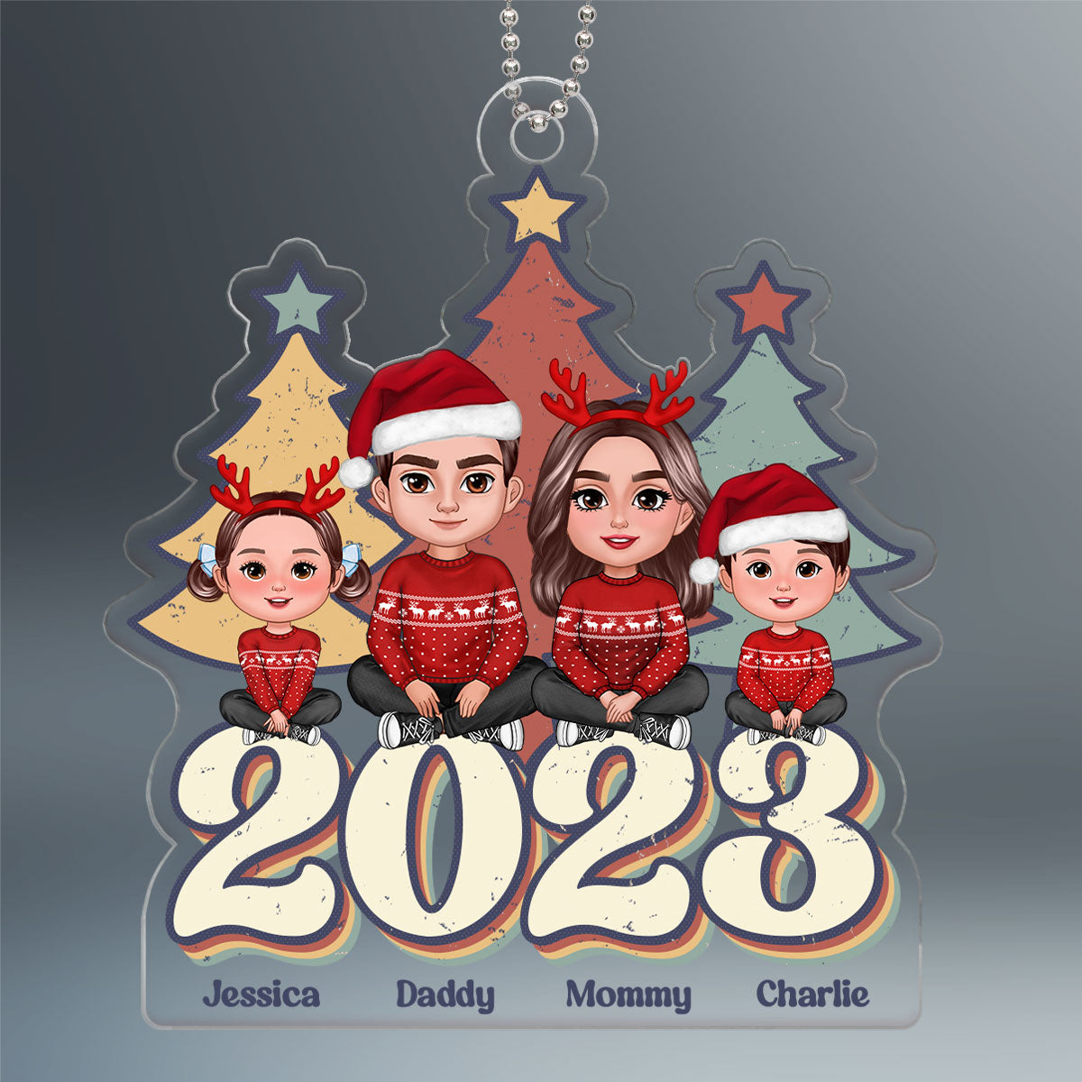 Vintage Christmas Tree Family Sitting Personalized Acrylic Ornament