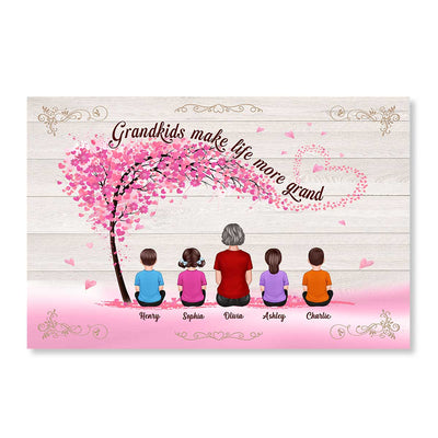 Grandma Grandkids Sitting Under Pink Tree Mother‘s Day Gift For Grandma Personalized Horizontal Poster