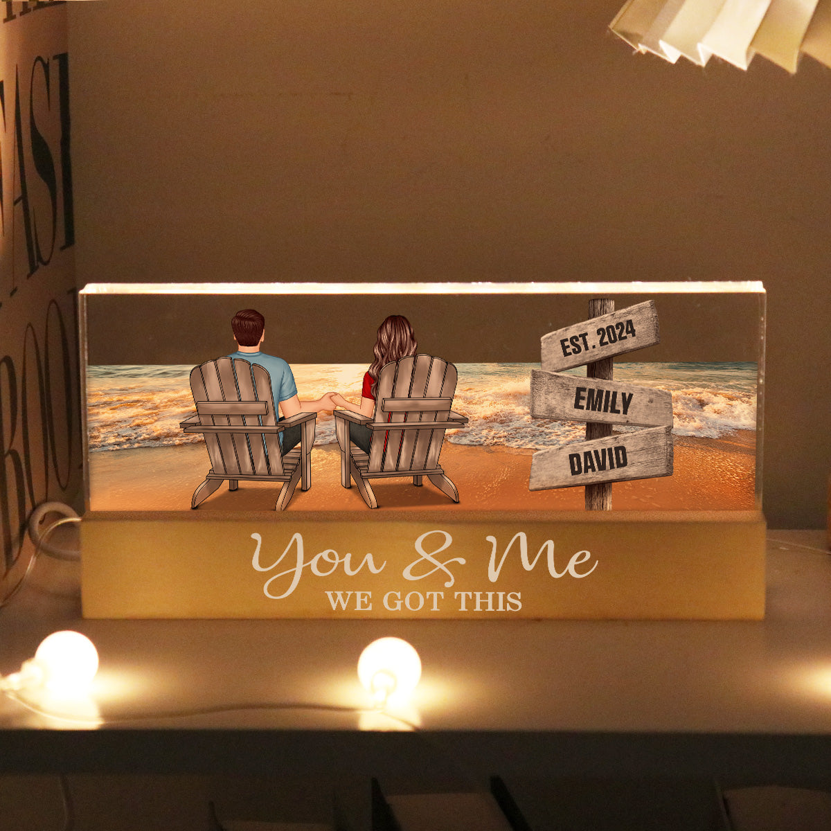 Romantic Beach Landscape Couple Sitting Holding Hands Sign Posts Personalized Acrylic Block LED Night Light, Heartfelt Gift For Couple, For Him, For Her, Boyfriend, Girlfriend, Husband, Wife