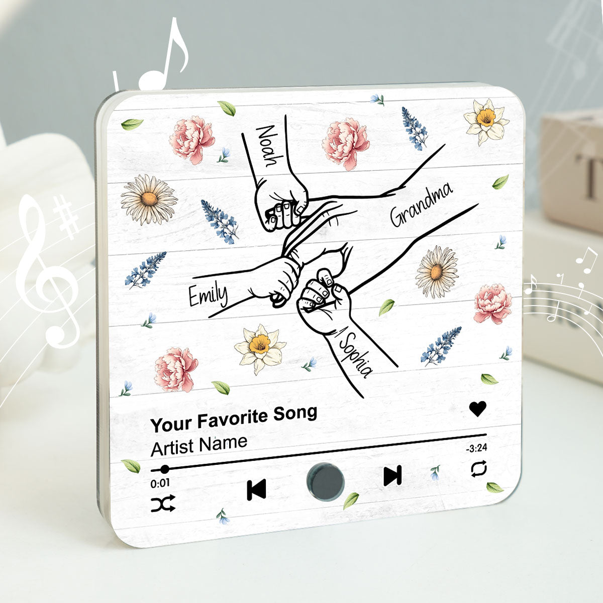 Mom Grandma And Kids Holding Hands Birth Month Flower Personalized Music Fridge Magnet, Gift for Mom
