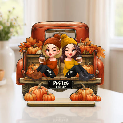 Besties Sitting on Fall Truck Personalized Standing Wooden Plaque, Cozy Fall Decor, Fall Gift for Best Friends