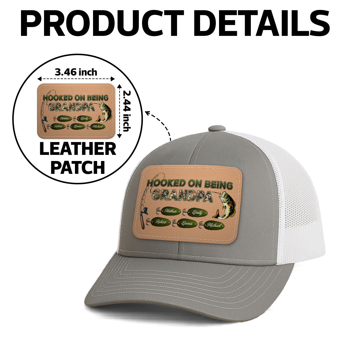 Hooked On Being Grandpa Papa Fishing Camouflage Personalized Leather Patch Hat, Father's Day gift
