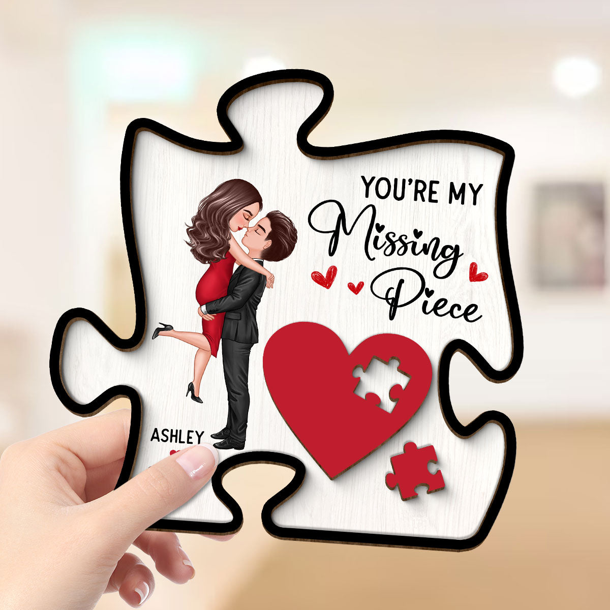 Couple Missing Piece Red Heart In Puzzle Shape Personalized 2-layer Wooden Plaque