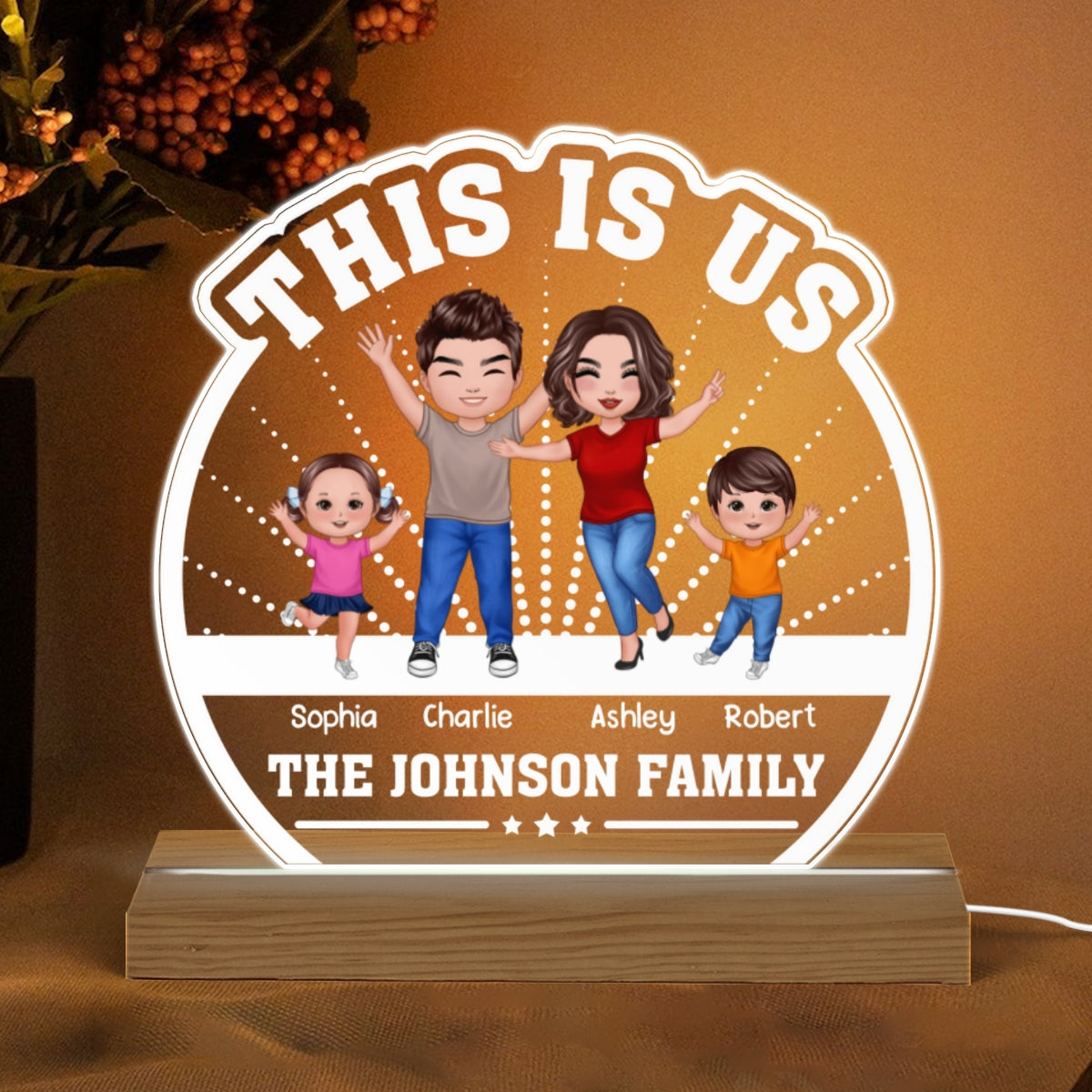 This Is Us Happy Family Doll Mom Dad Kid Dog Cat Personalized Custom Shaped Acrylic Plaque With LED Night Light