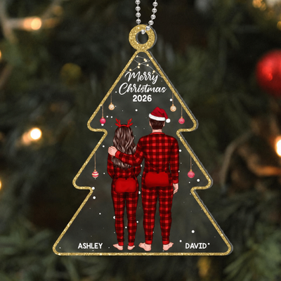 Couple Pajamas Standing Back View Christmas Tree Personalized Acrylic Ornament