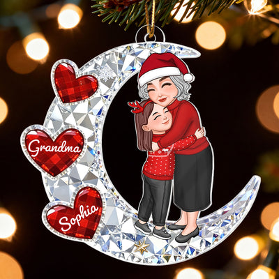 3D Crystal Effect Grandma Grandkid Hugging on Moon - Personalized Acrylic Ornament - Christmas Gift for Grandma, Grandkids