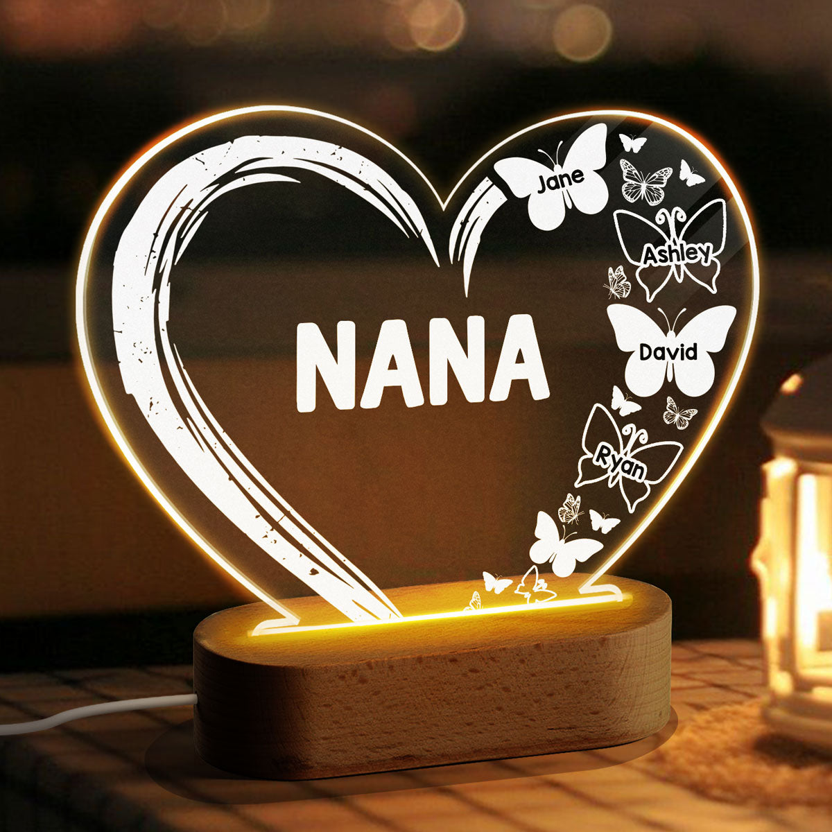 Mom Grandma Heart Butterflies Personalized Heart Acrylic Plaque LED Lamp Night Light